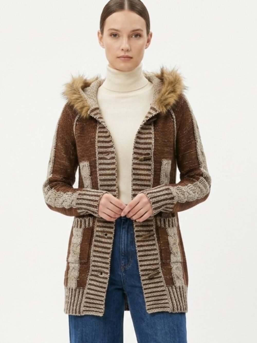 Yoki Sweater Hooded Faux Fur Toggle Button Brown Boho Grunge XL
